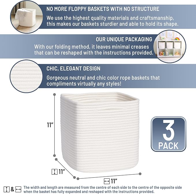 NaturalCozy Storage Cubes 11 Inch Cotton Rope Woven Baskets for Organizing, 3-Pack | Cube Storage Bin | Square Storage Baskets for Shelves Organizer, Classroom, Kids Toy Bins, Closet, Baby Nursery - Image 2