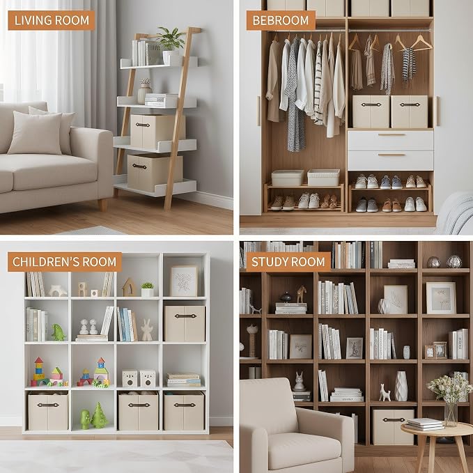 1 Pack Large Collapsible Storage Baskets for Shelves,14.9"x9.5" Fabric Closet storage Boxes with Leather Handles,Decorative Organizers Storage Bins for Clothes,Sheets,Toys,Books,Creamy-White - Image 5