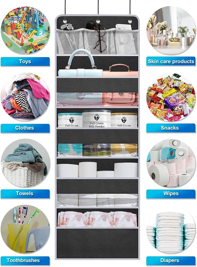 2 Pack Over the Door Storage Organizer - Space Saving Behind Door Hanging Organizer - Back Door Storage for Nursery/Pantry/Bathroom/Bedroom/Diaper/Toys, Black - Image 5