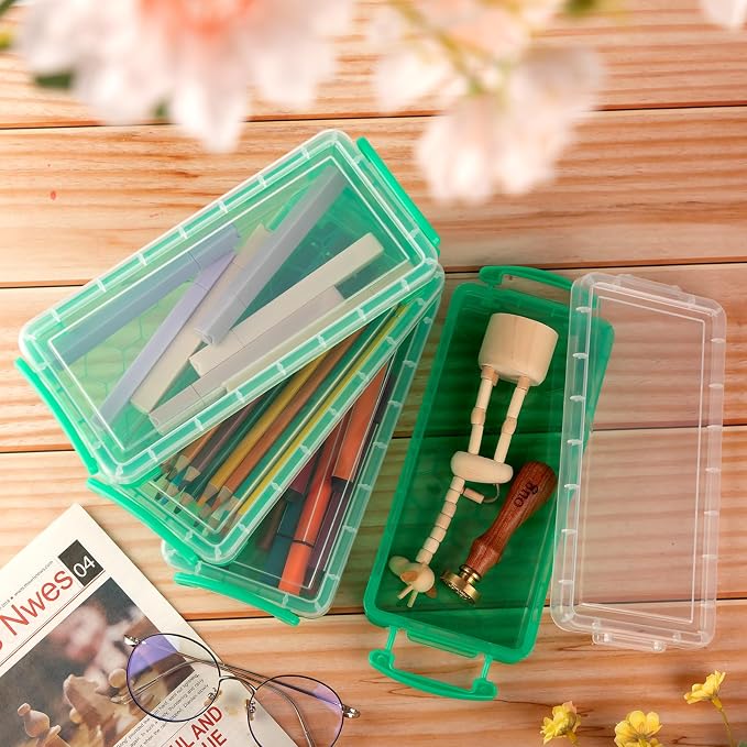 Gueevin 24 Pcs Large Capacity Plastic Pencil Box Clear Plastic Pencil Case Crayon Box with Snap Tight Lid Watercolor Pen Storage Brush Organizer Drawing Tools Container (Green) - Image 5