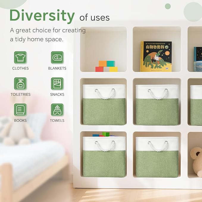 FinishingBo 11 inch Cube Storage Bin with Handles 6 Pack | Foldable Basket, Fabric Storage Bins, Closet Storage, Home Organizer (White/ Green) - Image 7