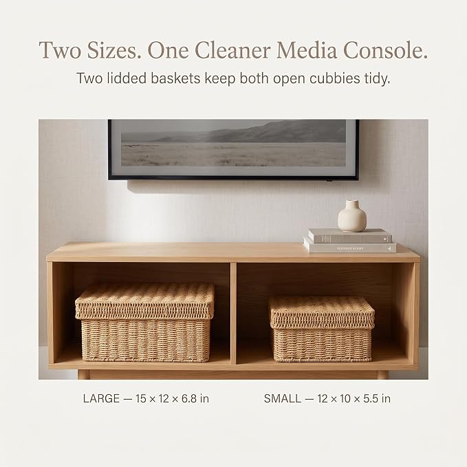 Wicker Storage Baskets with Lids for Shelves, 2-Basket Set, Natural | Two rectangular wicker baskets with removable lids, large and medium, for decorative shelf storage; lids flip into trays. - Image 5