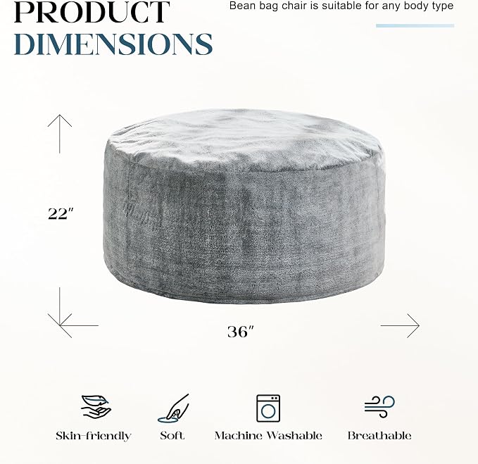 Hobestluk Bean Bag Chair for Adult Giant Beanbag with Filler Grey 3FT | Breathable Material Removable Machine Washable Cover Memory Foam Living Room Bedroom Reading Gaming Oversized Large Big - Image 2
