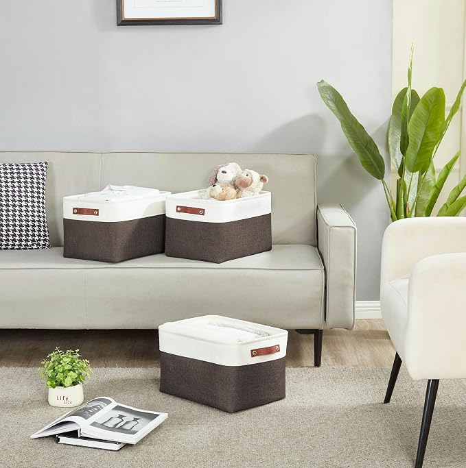 DECOMOMO Storage Bins, Large Fabric Storage Baskets for Shelves 4 Pack | 15 x 11 x 9.5 inches Decorative Linen Closet Organizers (Brown & White) - Image 9