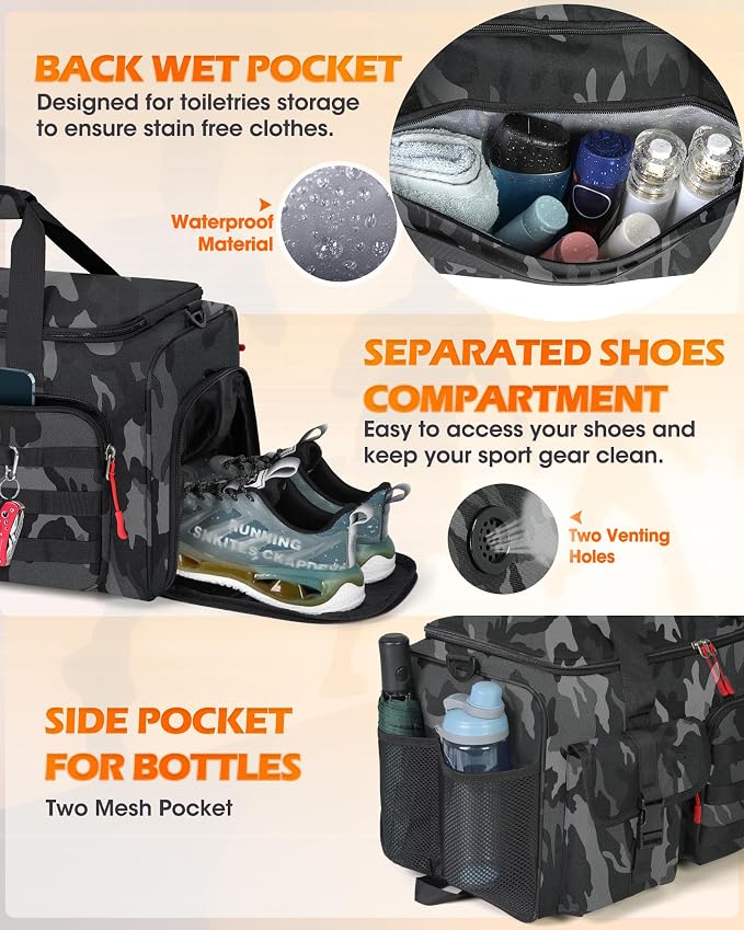 RAINSMORE Gym Bag for Men, 45L Sports Travel Duffel Bag with Shoe & Laptop Compartment, Gym Workout Backpack Carry On Weekender Bag Overnight Backpack for Travel, Black Camo - Image 5
