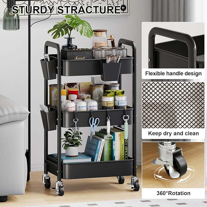 3 Tier Rolling Cart with Lockable Wheels, Metal Diaper Caddy Cart Organizer for Baby Essentials, Black Storage Utility Cart for Craft, Snack, Rolling Carts with Wheels for Lash Techs, Art, Bathroom - Image 5
