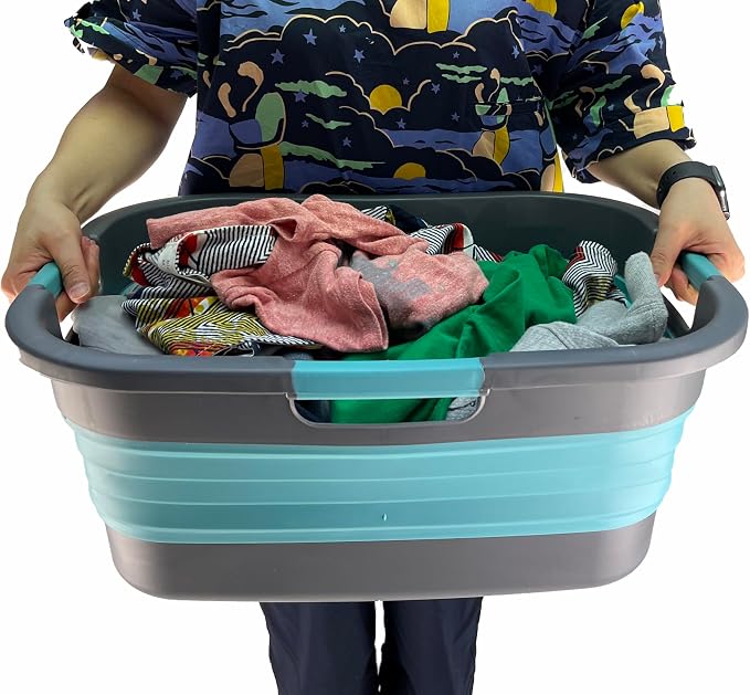 SAMMART 30L (7.9 gallon) Collapsible Plastic Laundry Basket - Foldable Pop Up Storage Container/Organizer - Portable Washing Tub - Space Saving Hamper/Basket (2, Grey/Crystal Blue) - Image 6