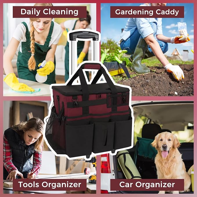 SCAVATA Rolling Cleaning Caddy Bag with Detachable Trolley, Large Cleaning Supplies Organizer with Wheels, Multi-Pocket Cleaning Cart with Adjustable Shoulder Strap for Housekeepers (Magenta) - Image 7