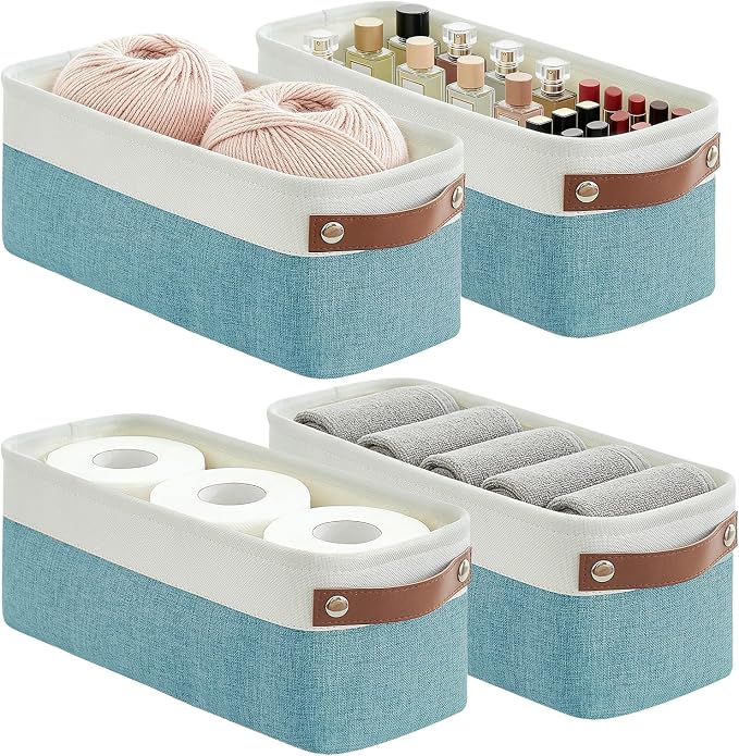 Small Fabric Storage Baskets, 15x6x5 inch Narrow Storage Bins 4-Pack Long Storage Basket for Organizing with Handles, Decorative Basket for Closets, Shelves, Toilet Paper, Teal by Bagnizer