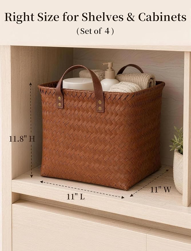 Wicker Storage Baskets, 4 Pack Woven Baskets for Shelves, Brown | PP Rattan, Water-resistant Wicker Basket, Large Baskets with Faux Leather Handles for Blanket, Laundry Organizer, Room Decor - Image 2