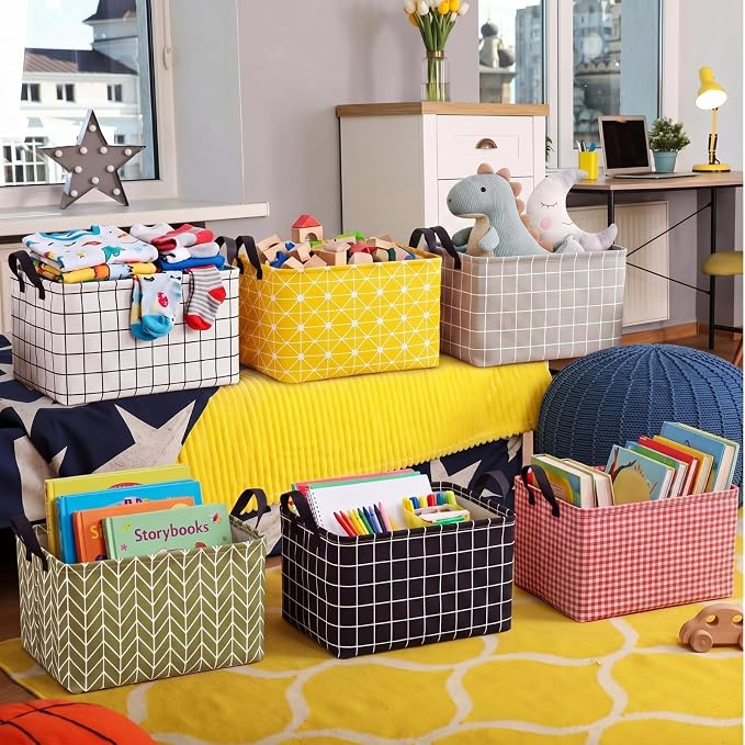 CHENGU 6 Pack Storage Baskets with Handle Back to School Foldable Baskets for Shelves Classroom Plaid & Geometric Storage Bin Large Collapsible Canvas Bin for Closet Nursery Home Organization 6 Colors - Image 7