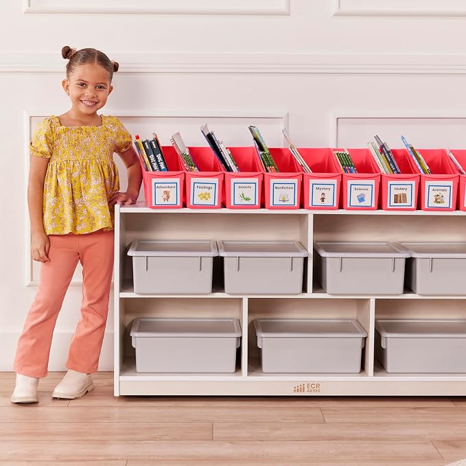 ECR4Kids Linking Plastic Storage Book Bin, Multipurpose Organization, Neon Orange, 10-Piece | Durable plastic with built-in handles, interlocking, nestable, ideal for books, magazines, and files in a classroom or office - Image 9