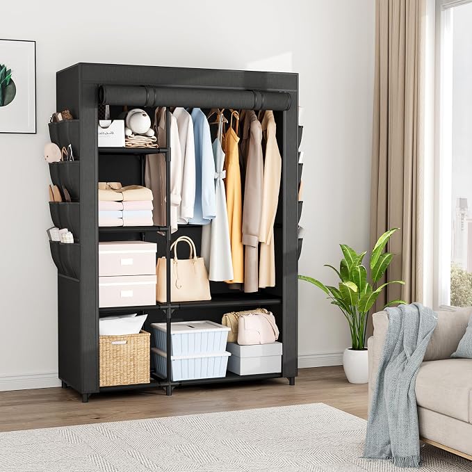 Portable Closets for Hanging Clothes, Wardrobe Closet with Hanging Rod and Clothing Storage Shelves, 8 Side Pockets, Free Standing Clothes Rack with Cover, for Bedroom and Dorm, Black - Image 2