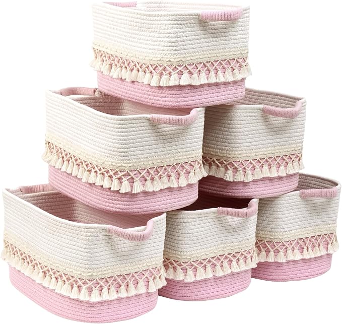 6 Pack Storage Basket for Shelves, Boho Cotton Rope Storage Bins with Heavy Tassel, Shelf Baskets Large Woven Baskets for Organizing, Cube Organizer Bins, Baby Laundry Basket for Clothes, Toys, Pets by Degeyoyo