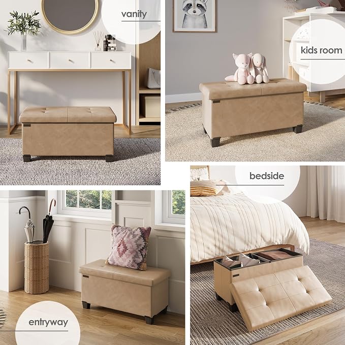 Storage Ottoman Bench with Bins, 30-in Storage Bench for Bedroom End of Bed, Folding Foot Rest Ottoman for Living Room Max 660lbs, Leather Ottomans, Taupe - Image 4