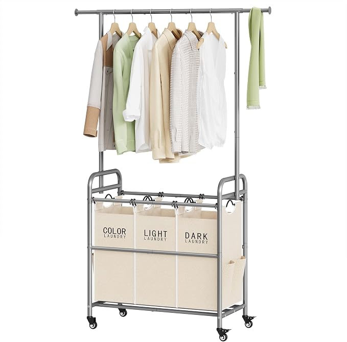 Laundry Hamper with Hanging Rack, Laundry Sorter 3 Section, Beige | 39 Gal Rolling Laundry Cart with Heavy Duty Lockable Wheels and Removable Bags for Laundry Room, Bedroom & Family by Tajsoon
