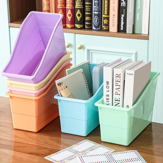 Blosssound 36 Set Book Bins for Classroom Stackable,Pastel | Plastic Baskets with Labels, Slanted Front, Library Supplies Organizers, Desktop Storage Bins, Teachers Home School Use - Image 5
