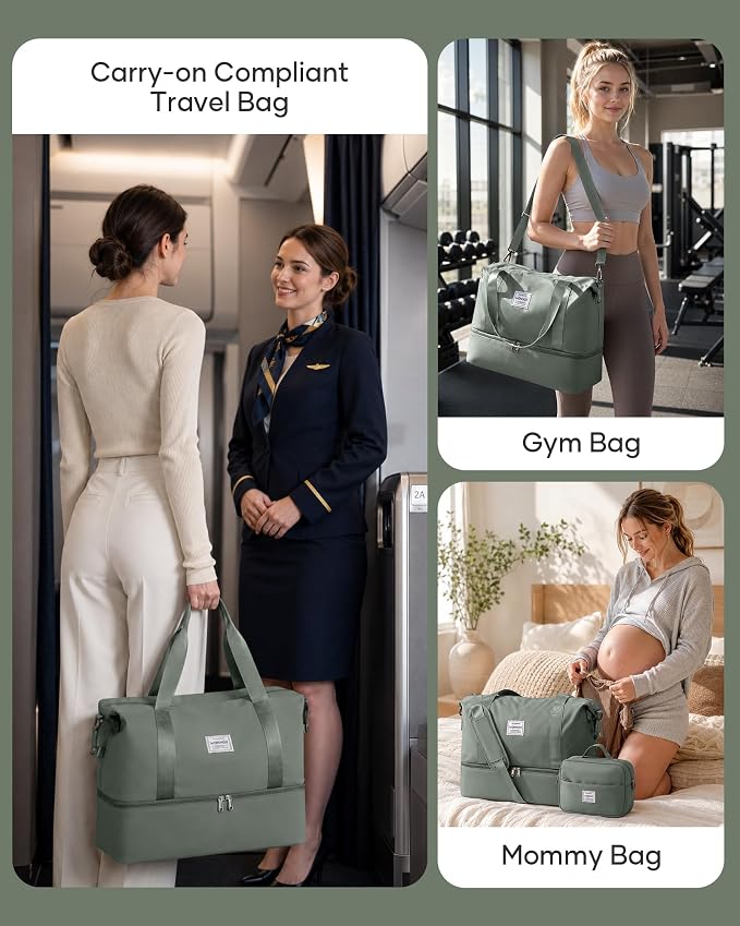 Travel Duffel Weekender Bag Women Tote Carry On Bags With Shoe Compartment | Travel Overnight Bags with Trolley Sleeve for Airplanes Waterproof Lightweight Sport Tote Gym with Toiletry Bag Green - Image 9