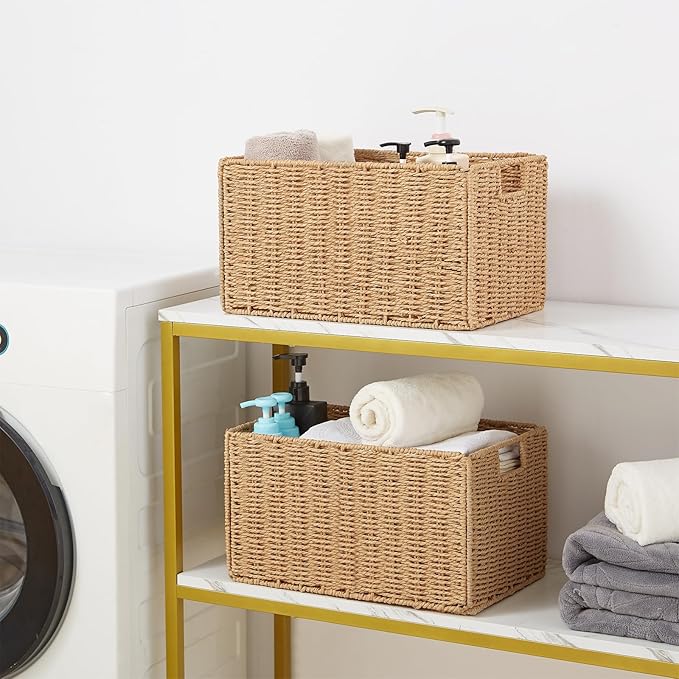 Wicker Storage Basket, Set of 2 Hand-Woven Paper Rope Wicker Basket, Small Storage Baskets for Organizing Toilet Paper Basket, Foldable Large Cube Storage Organizer Bins for Shelves (Natural) - Image 4