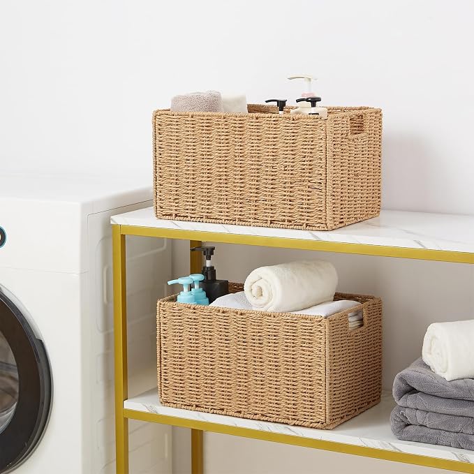Wicker Storage Basket, Set of 2 Hand-Woven Paper Rope Wicker Basket, Small Storage Baskets for Organizing Toilet Paper Basket, Foldable Large Cube Storage Organizer Bins for Shelves (Natural) - Image 4
