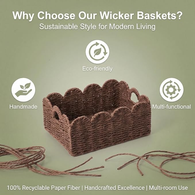 Scalloped Wicker Basket Set of 3, Hand-Woven Storage with Handles | set of 3 brown scalloped baskets with handles. Hand-woven paper rope for shelves, bathroom or closet. Stackable, sturdy. - Image 8