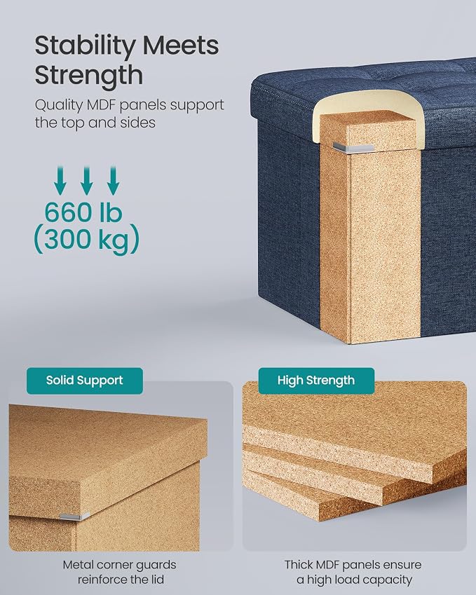 SONGMICS 43.3 Inches Folding Storage Ottoman Bench, Load 660 lb | Ottoman Foot Rest, Storage Chest, for Living Room, Entryway, Midnight Blue and Ink Black, MINOTA Collection ULSF77IN - Image 4