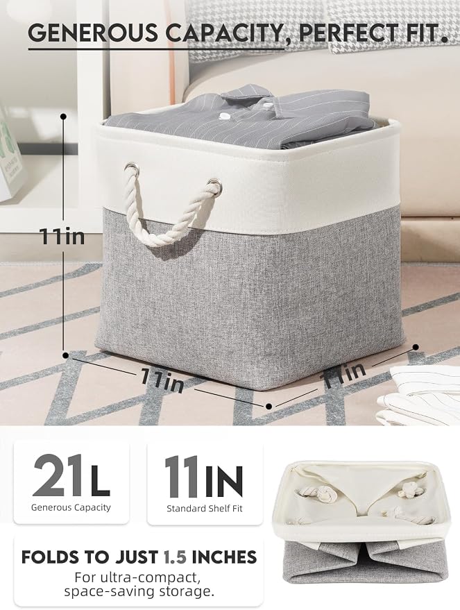 Temary 11 Inch Cube Storage Bins - 6 Pack Foldable Fabric Storage Baskets with Soft Rope Handles, Sturdy Organizer Cubes with Metal Frame for Shelves, Closet, Office & Home Organization (White&Grey) - Image 2