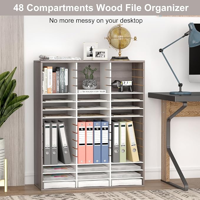 EasyPAG Wooden Literature Organizer with Adjustable Shelves, 48 Compartments Office Paper Organizer Storage 24000 Sheets Letter Size Paper, Student Mailbox for Classroom, Retro Gray/White - Image 2