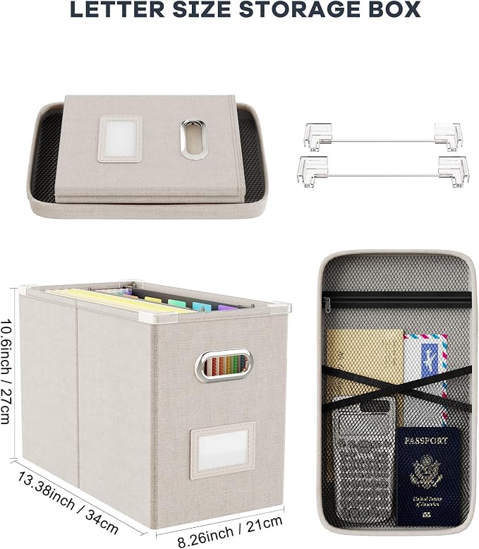 File Organizer With Lid, Hanging Filing Box With Mesh Pocket, Document Organizer for Letter Files, Portable Storage With Smooth Sliding Rail for Office & Home (2 PCS, Beige) - Image 2
