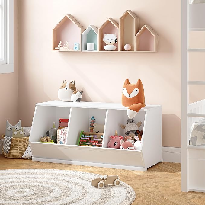 UTEX Stackable Kids Toy Storage Cabinet, Toy Organizer Bin, Cubby Toy Shelf | DIY Play Space, Slanted Front Panel, Toddler Toy Storage, Playroom, Toy Room, Living Room, Nursery, Gift, White, 3 Cubby - Image 9