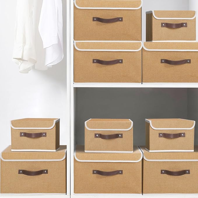 ANMINY Fabric Storage Box Bins with Lids, Khaki, 13"x9"x7.9" | Keepsake Memory Storage, Cotton Linen, PP Board Reinforced, Washable, PU Handles, Foldable & Stackable, Decorative, Medium - Image 8