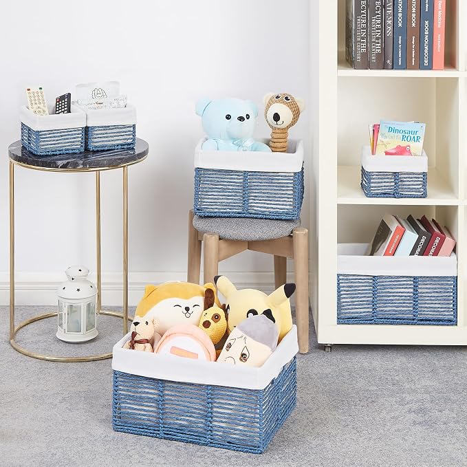 Wicker Storage Basket, 6 Pack Baskets for Organizing, Wicker Baskets with Handle, Rectangular Woven Basket for Storage Shelves, Cube Storage Bins for Closet/Clothes/Dresser, Blue - Image 5