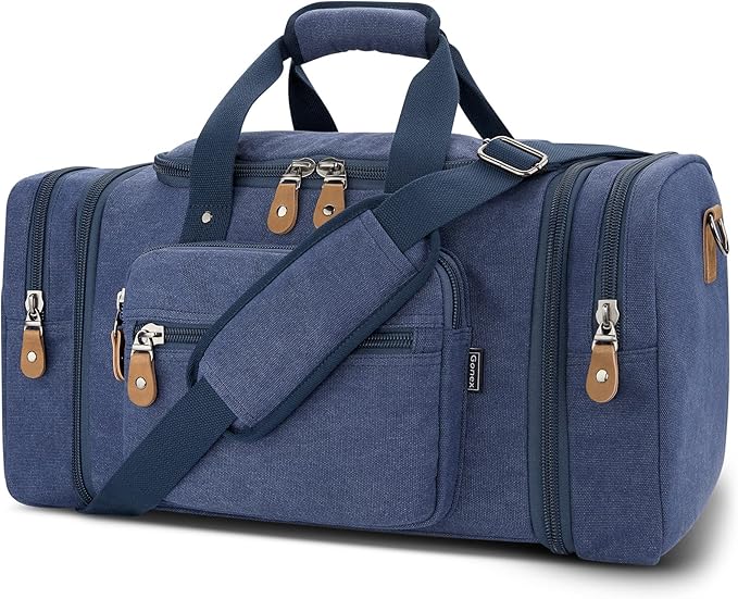 Gonex Canvas Duffle Bag, Expandable 60L Travel Overnight Weekender Bag | Multiple Pockets, Carry-On Size, Durable Zippers, Detachable Strap, for Men & Women, Blue by Gonex