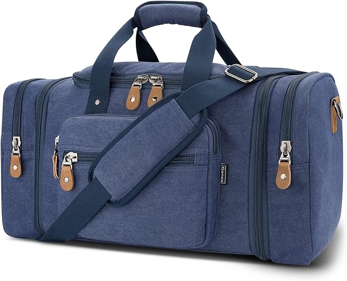 Gonex Canvas Duffle Bag, Expandable 50L Travel Overnight Weekender Bag | Multiple Pockets, Carry-On Size, Durable Zippers, Detachable Strap, for Men & Women, Blue by Gonex