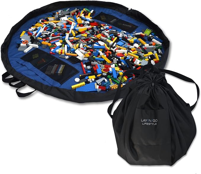 Lay-n-Go Layflat Portable Drawstring Cinch Storage Toy & Mini Figures Organizer & Play Mat, Mesh Pockets, Home & Travel, Kids & Toddlers Playdates, 2 Straps for Backpack, Durable, Machine Washable by Lay-n-Go