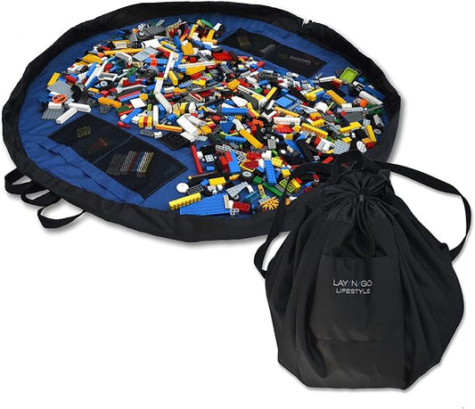 Lay-n-Go Layflat Portable Drawstring Cinch Storage Toy & Mini Figures Organizer & Play Mat, Mesh Pockets, Home & Travel, Kids & Toddlers Playdates, 2 Straps for Backpack, Durable, Machine Washable by Lay-n-Go