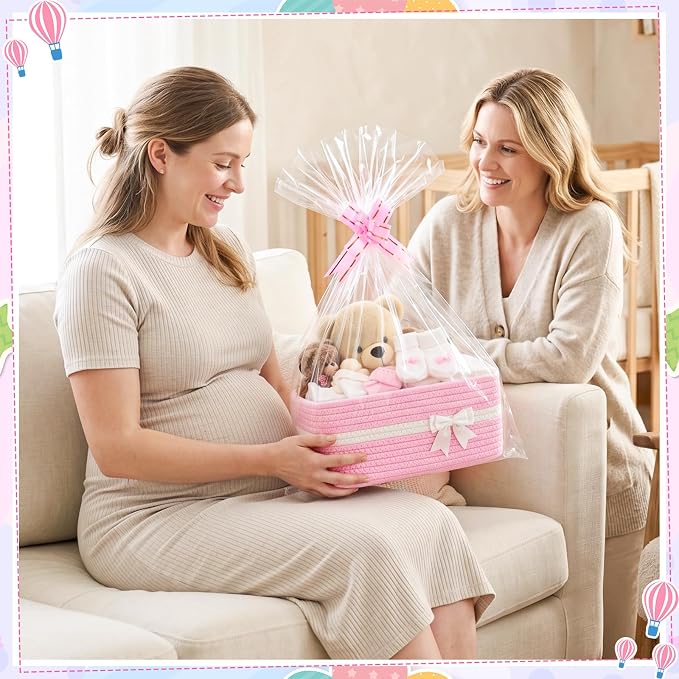 10 Pack Empty Gift Baskets, 12x8x5 Small Pink Woven Cotton Rope Baskets with Gift Bags & Ribbons, Decorative Baby Shower Hamper, Nursery Storage Basket with Handles for Shelves - Image 4