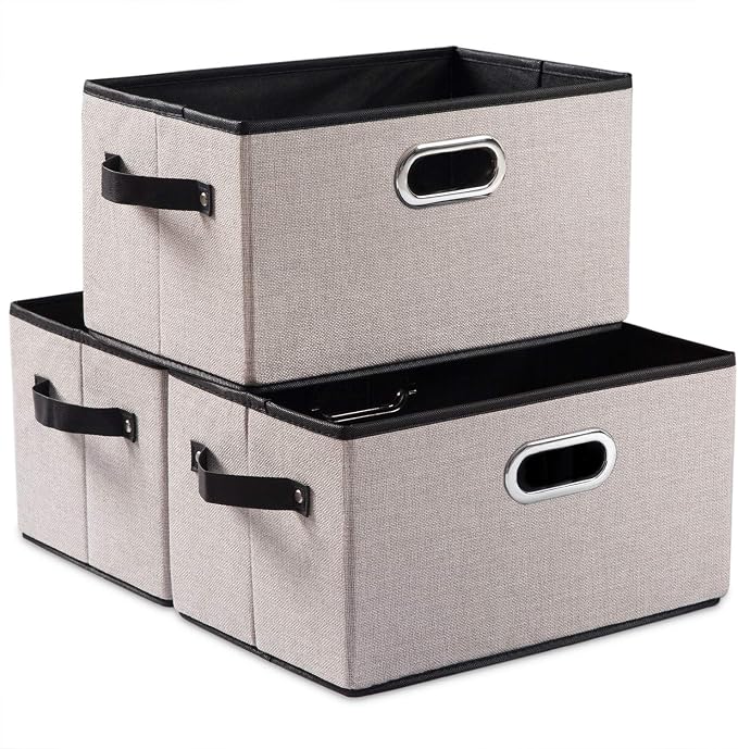 Fodable Storage Bins for Closet [3-pack] Decorative Fabric Storage Baskets Cubes with Leather/Metal Handles for Shelves Bedroom Living Room Light Grey (11.5x8.5x6.7 Inch) by Prandom