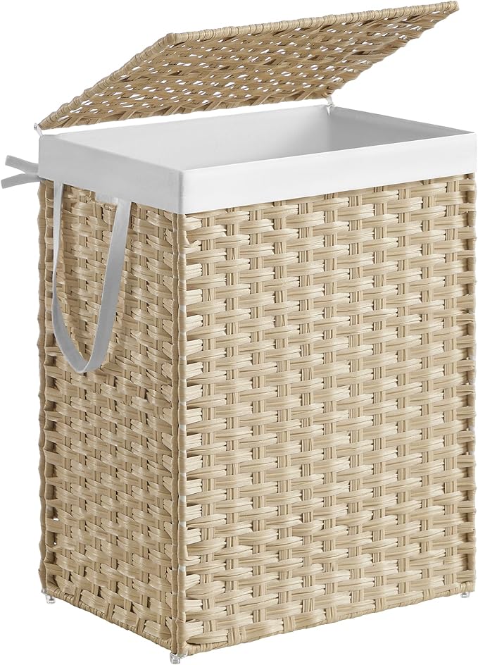 SONGMICS Laundry Hamper with Lid, 23.8 Gallon (90L) Synthetic Rattan Clothes Laundry Basket with Lid and Handles, Foldable, Removable Liner, Summer Sand ULCB051LZ01 by Unknown
