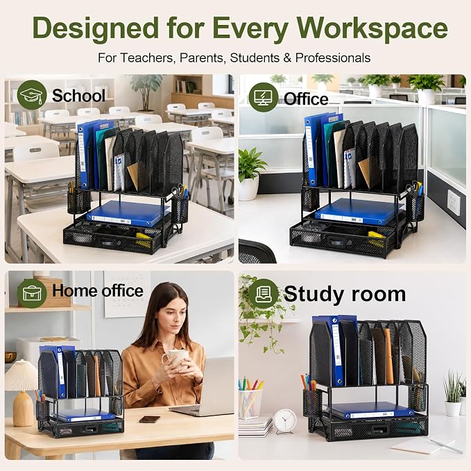FANXIYQ Metal Desk Organizer with Sliding Drawer, 7-Section File Organizer for Desk, Desktop File Folder & Paper Organizer with 2 Hanging Pen Holders, Office Supplies Organizer, Black - Image 5