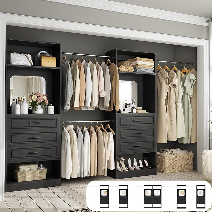 Unikito 6-14FT Wood Closet System with 6 Drawers and Mirror, Black | Sturdy walk-in organizer wardrobe for clothing, clothes rack with 3 hanging rods, freestanding garment storage tower. - Image 2