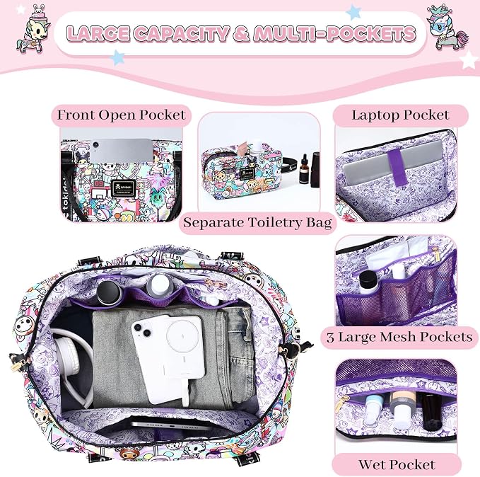 tokidoki Travel Duffle Bag, Weekender with Shoe Compartment Toiletry Bag | many compartments: laptop sleeve, wet-dry pocket, trolley sleeve. Includes toiletry bag. Carry-on. - Image 4