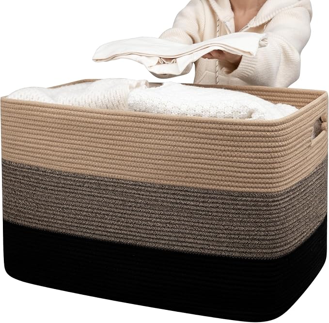 OIAHOMY 118L Extra Large Blanket Basket, Rectangle Woven Cotton Rope Storage Basket,Used for storing Dirty Clothes, Stuffed Animal Toy Storage for Living Room,Kids Room,25" x 17" x 16", Brown Black by MasterofSpaceOptimization