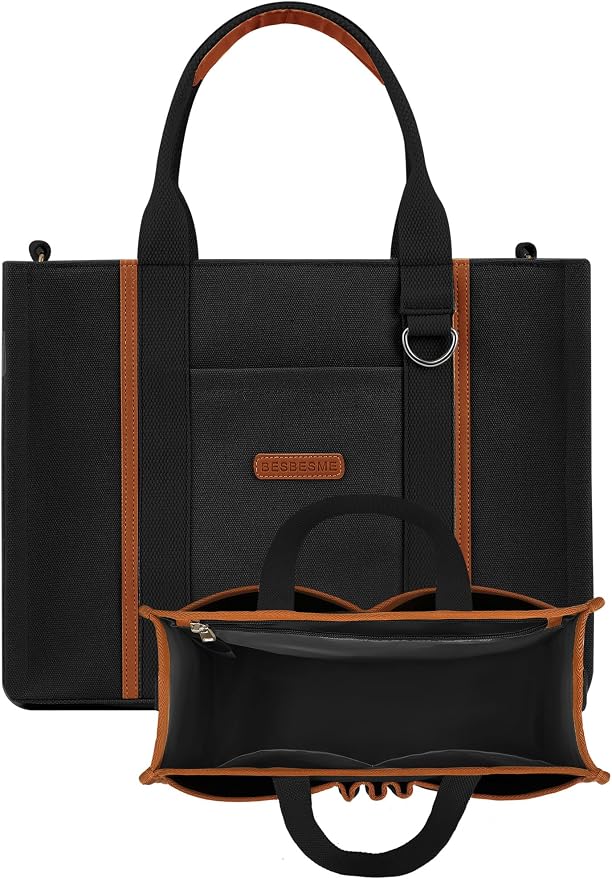 BESBESME Women’s Canvas Tote Bag with Zipper and Compartments – Multi-Pocket Laptop Work Crossbody Shoulder Tote Purse - Image 7