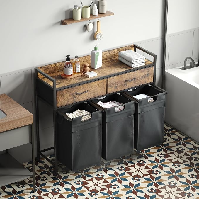 Mondeer 150L Laundry Sorter 3 Section with 3 Bags 4 Wheels 2 Drawers | 50L x 3 Pull-Out Laundry Hamper Baskets Removable for Laundry Room Bathroom, Rustic Brown and Black - Image 5