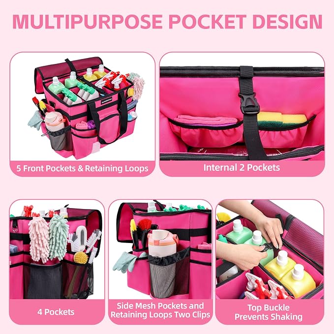 Large Rolling Cleaning Caddy Bag, Cleaning Caddy with Wheels with Detachable Trolley for Housekeepers, Water Resistant Cleaner Supplies Organizer with Wheels for Kitchen, Car, Picnic (Rose-Red) - Image 4