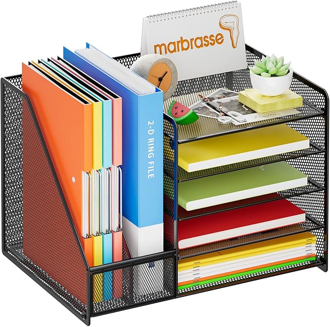 Marbrasse Desk Organizer with File Holder, 5-Tier Paper Letter Tray Organizer, Mesh Desk Organizers and Accessories with Magazine Holder, Desktop Storage for Office Supplies (Black) - Image 2