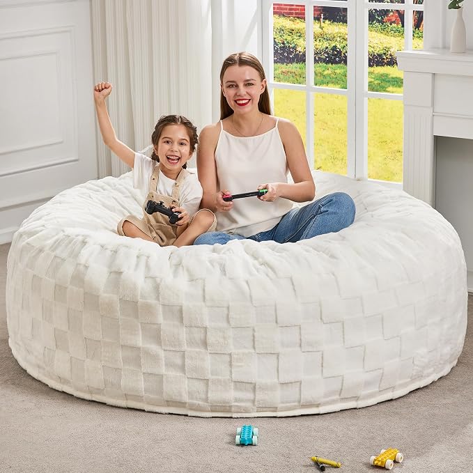 Hobestluk Giant Bean Bag Chairs 6FT Oversized BeanBag Chair for Adult Jumbo | Memory Foam,Washable Cover,Unique Fluffy Plaid,Comfy Bean Bag Bed with Filler Lounging Gaming Bedroom Living Room | White 6FT by YourHomeDeservesMore