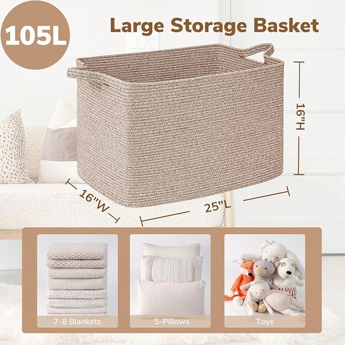 Goodpick 105L Extra Large Woven Rope Blanket Basket, Rectangle, Brown | 25'' x 16'' x 16'' Storage Basket for Blankets, Clothes & Pillows, Living Room & Bedroom Organization, Reinforced Handles - Image 3