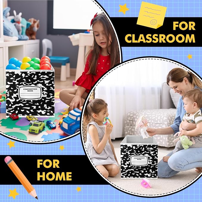 Demonwer 6 Pcs 11 Inch Fabric Storage Bins Notebook Themed Cubby Basket Bins with Handles Notebook Storage Containers for Back to School Decorations Office Home Organizer Supplies - Image 4